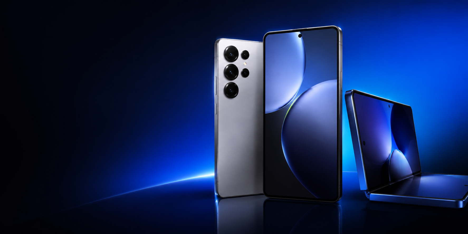 Three modern unlocked smartphones in graphite, silver and cobalt